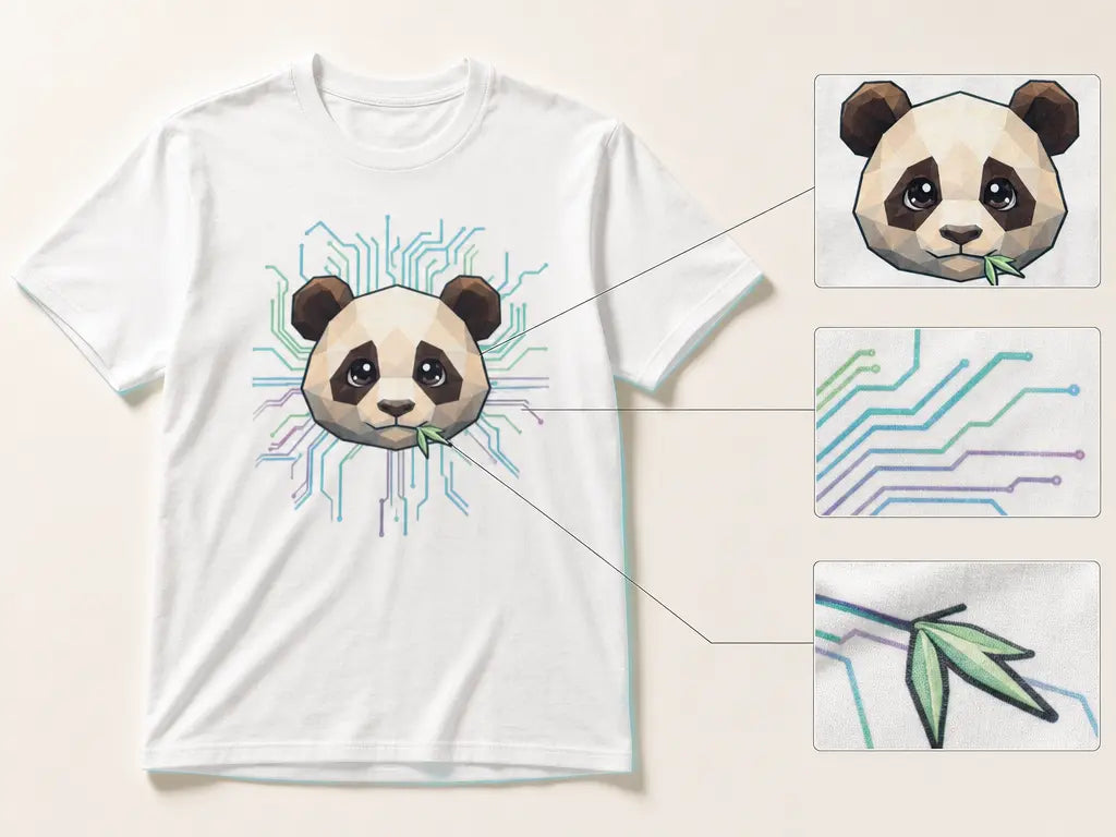 Technical fashion detail composition, 4:3. Show the exact white Cyber Panda T-shirt in a dominant ov