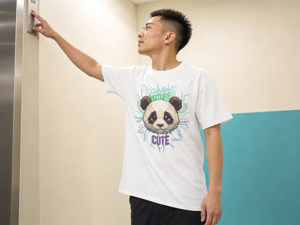 Professional garment drape study, 4:3. Show the exact white Cyber Panda T-shirt on one model from a