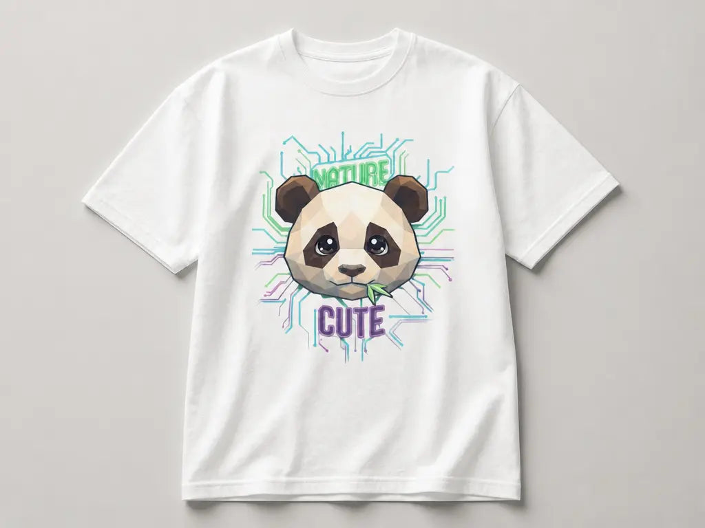 Clean isolated fashion product photograph, 4:3. Present the exact white Cyber Panda T-shirt alone in