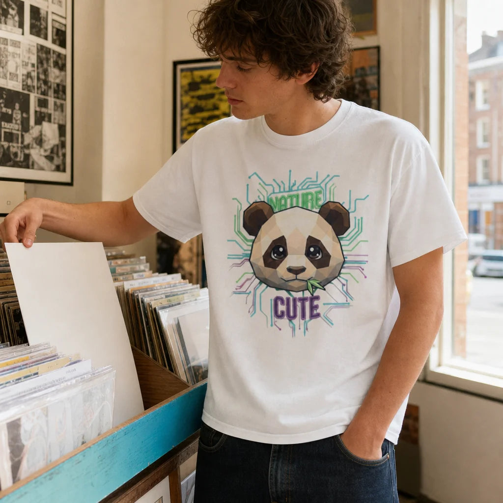 Professional fashion lookbook photograph, 1:1. One model wears the exact white Cyber Panda T-shirt w